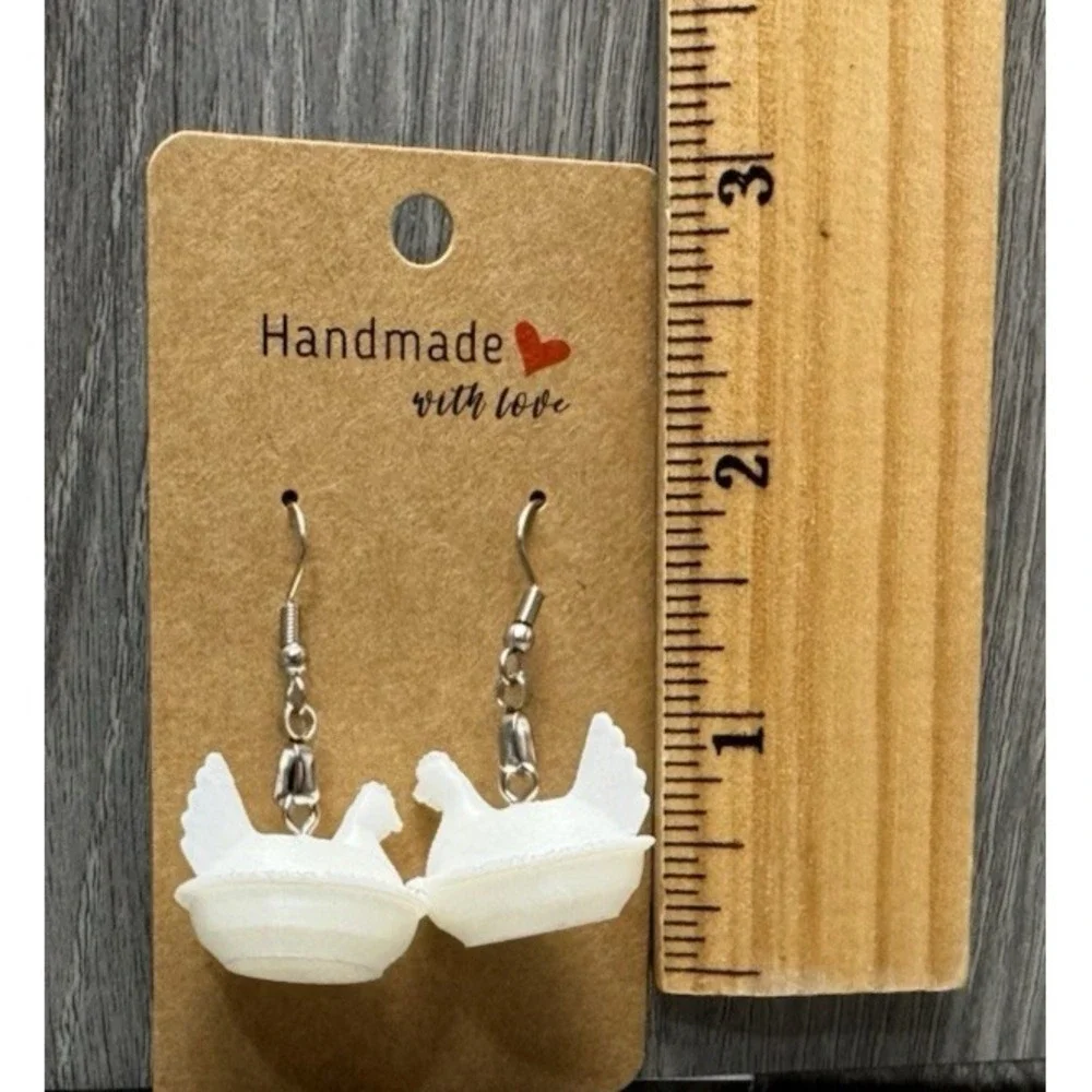 Hen on Nest HON Chicken Earrings‎ Farmhouse Hypoallergenic Milk White Handmade